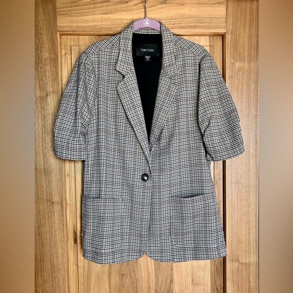 Karen Kane Jackets & Blazers - EUC KAREN KANE Ruched Sleeve Houndstooth Plaid Blazer W/ Stretch M Cream/Multi